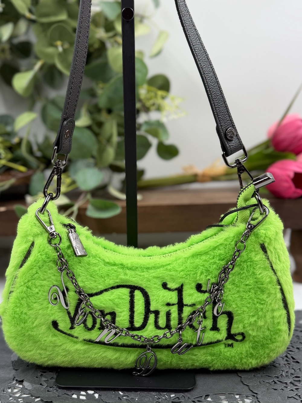 Von Dutch Neon Green Fuzzy Shoulder Bag with Silver Charm Chain